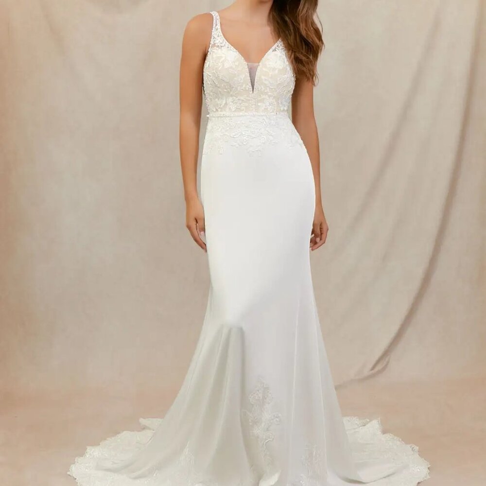 Azazie Devanna Mermaid Lace Chapel Train Crepe Satin Wedding Dress